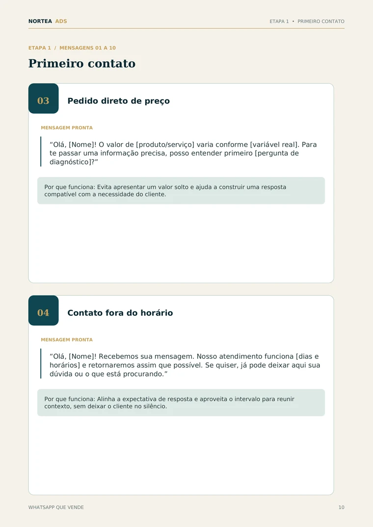 Página interna do ebook mostrando as mensagens 03 e 04 da Etapa 1, Primeiro contato, com a mensagem pronta e a explicação de por que funciona.
